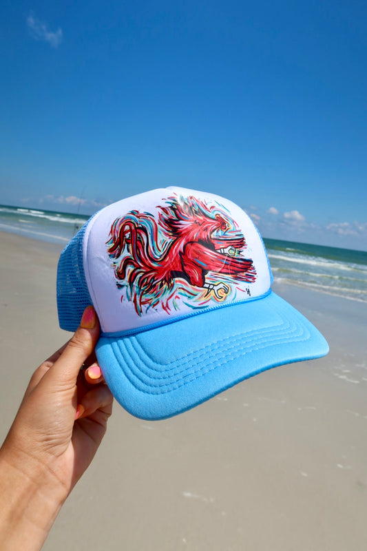 Cocky Feathers Blue & White Trucker