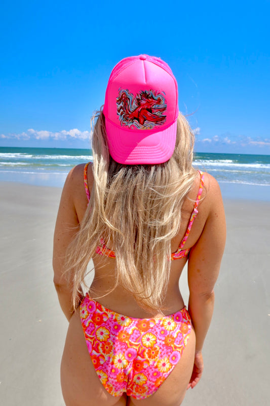 Cocky Feathers Neon Pink Trucker
